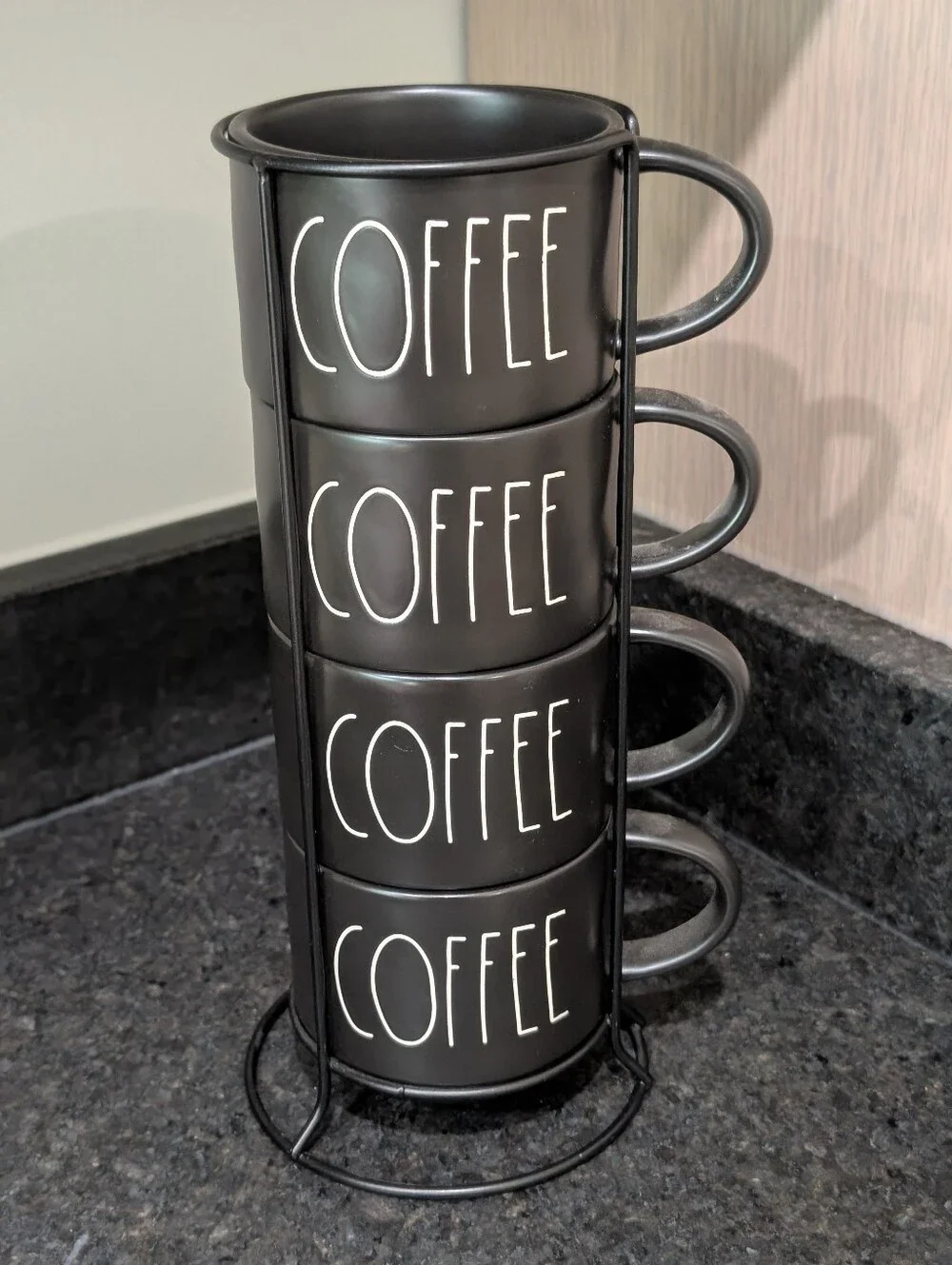 Rae Dunn Black Stackable Coffee Mug Tower with White 'COFFEE' Lettering